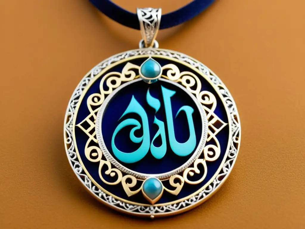 Colgante de Plata con Caligrafía Árabe y Turquesa Una exquisita joyería islámica con significado: un colgante de plata con caligrafía árabe que dice 'Allah', adornado con filigranas y una turquesa brillante, sobre terciopelo azul profundo