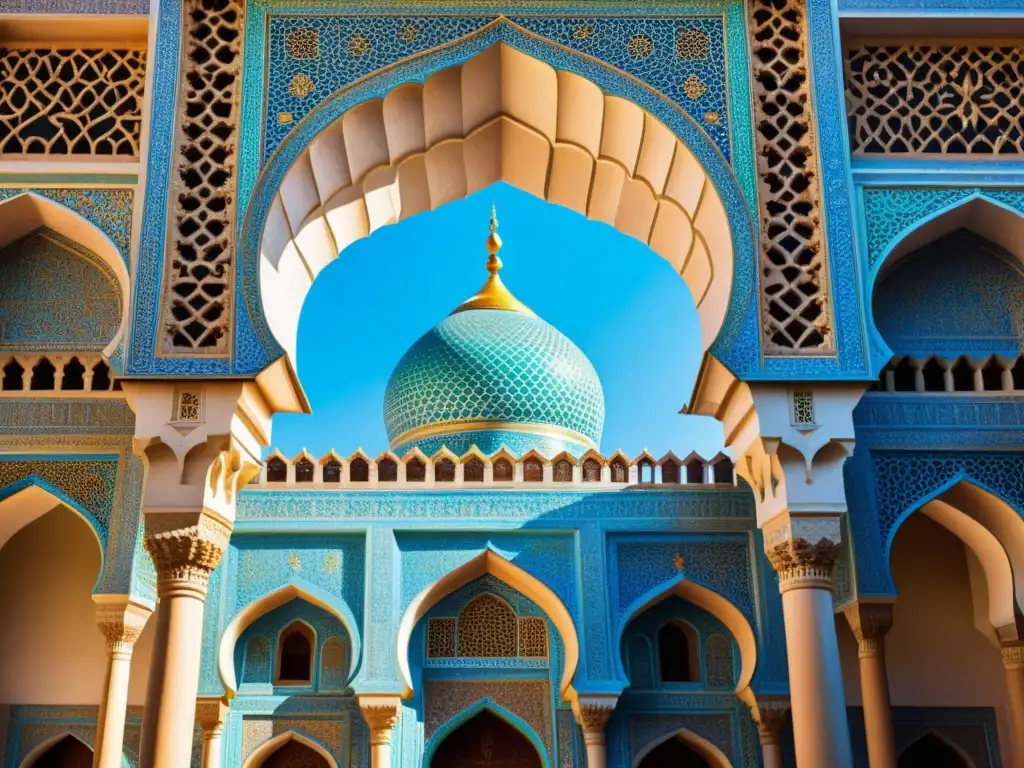 Una exquisita madrasa en Asia, con detallados diseños arquitectónicos, mosaicos vibrantes y altos minaretes bajo un cielo azul