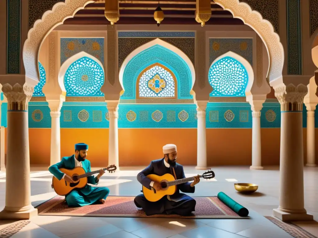 Exquisita ilustración de un patio de mezquita con músicos islámicos tocando instrumentos tradicionales, evocando la música en el Islam