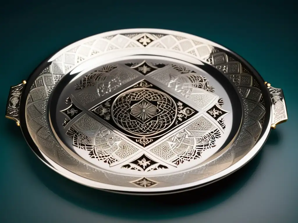 Una exquisita platería islámica para decorar mesa, con patrones y detalles intrincados, reflejando maestría artesanal y opulencia cultural