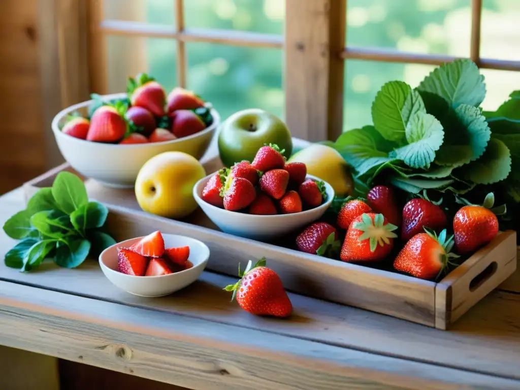 Exquisita presentación de frutas y verduras orgánicas y halal en una mesa rústica