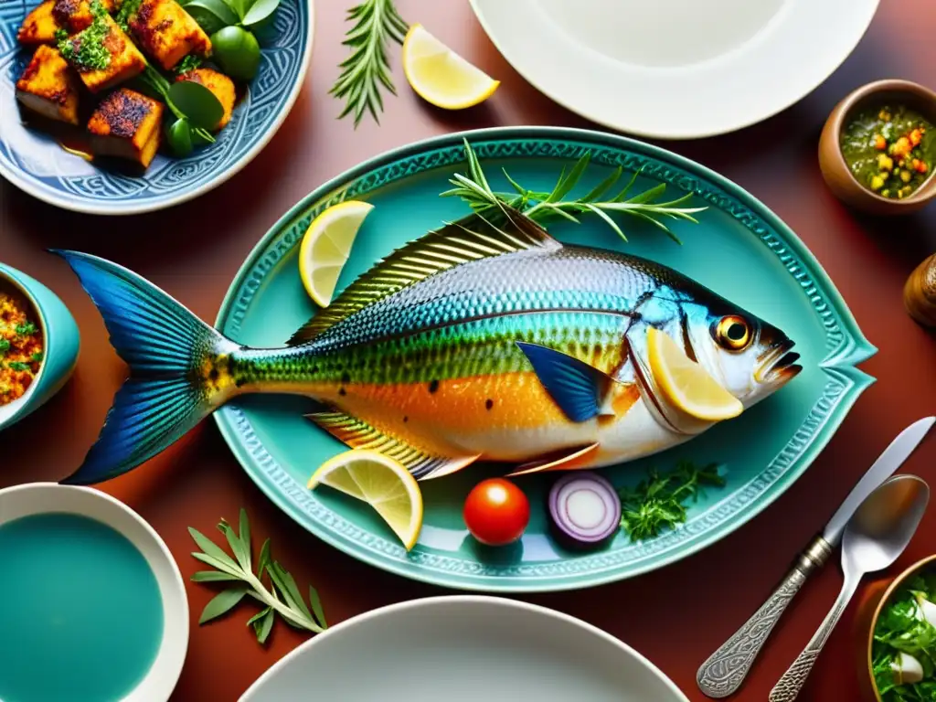 Una exquisita presentación de platos de pescado inspirados en la tradición islámica, destacando sabores y colores vibrantes