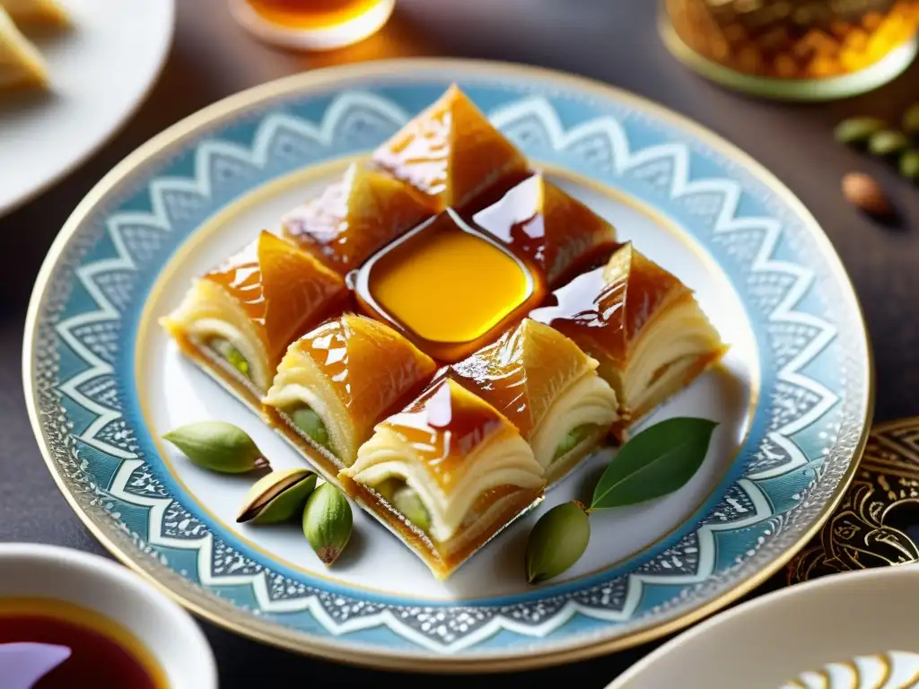 Una exquisita selección de postres halal tradicionales islámicos: baklava, kunafa y pastelillos de dátiles, decorados con pistachos, almendras y miel, resplandeciendo en una suave luz cálida