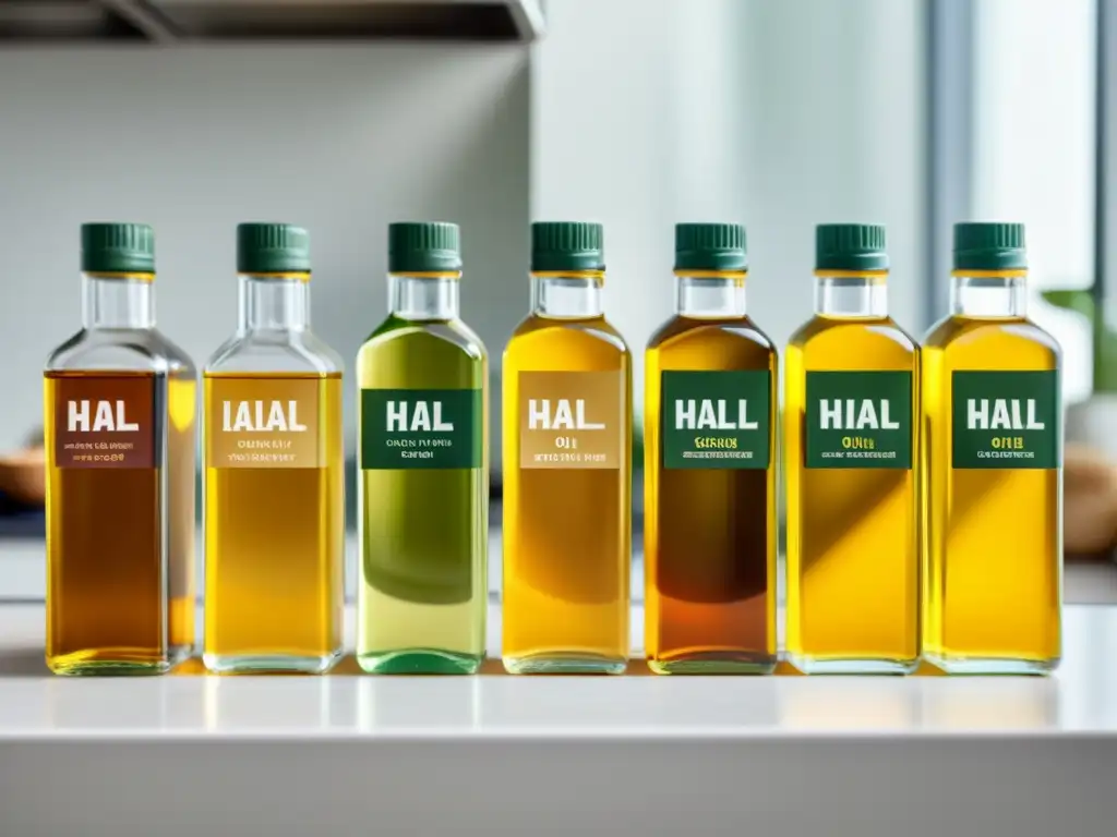 Una exquisita variedad de aceites halal para cocina islámica en elegantes botellas de vidrio, brillando bajo la cálida luz natural