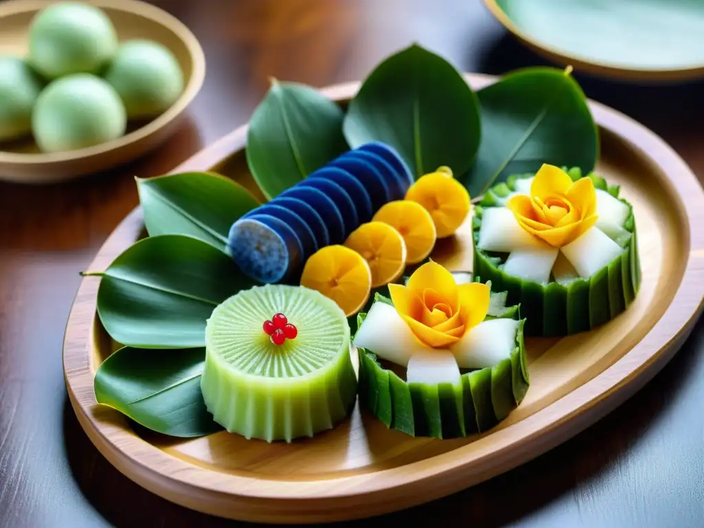 Una exquisita variedad de postres malayos halal, como ondeonde, kuih lapis y kuih talam, presentados de manera encantadora en una bandeja de madera