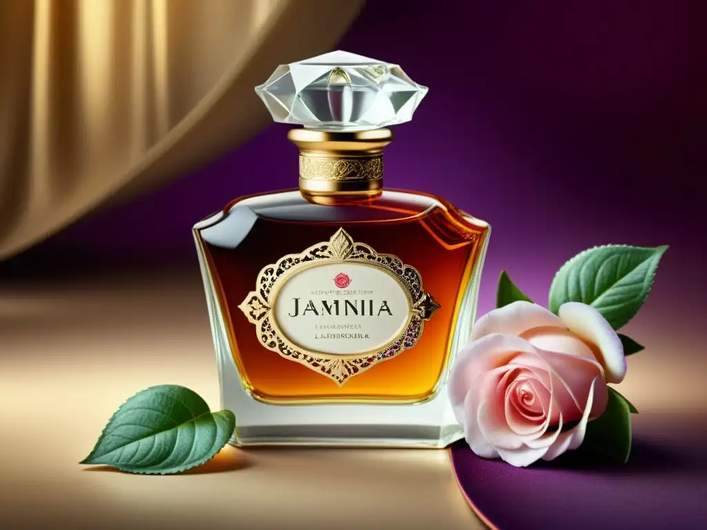 Un exquisito frasco de perfume islámico con flores vibrantes y aromáticas