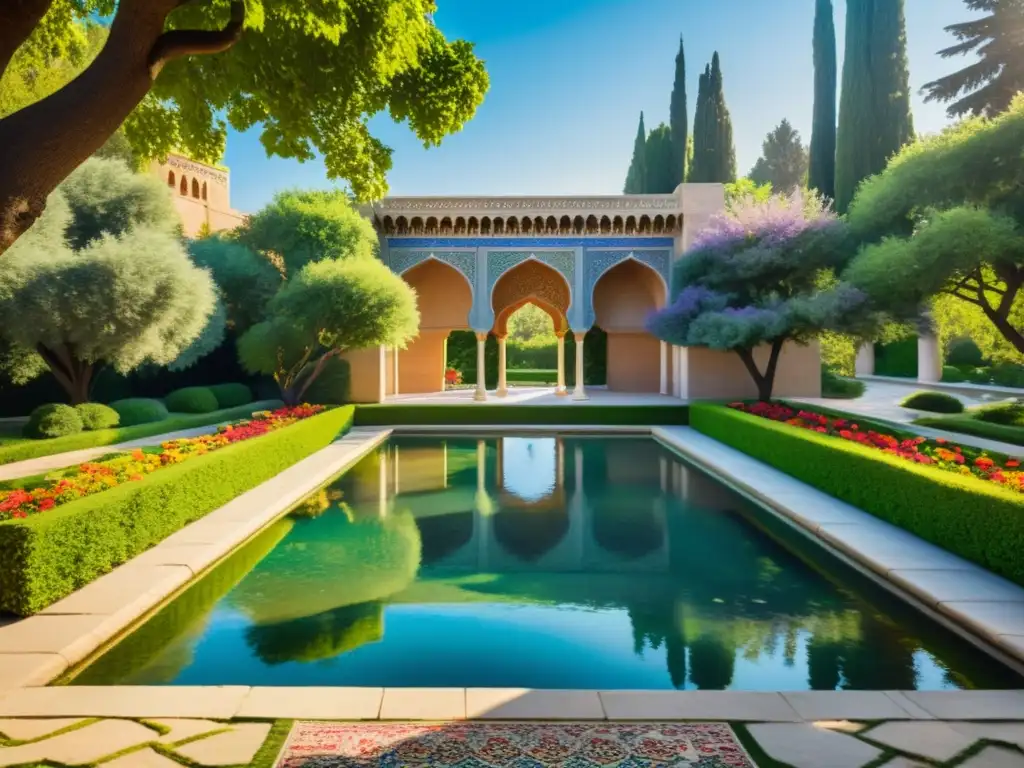 Un exquisito jardín persa con ornamentación islámica, repleto de agua, vegetación exuberante, aves y arquitectura majestuosa