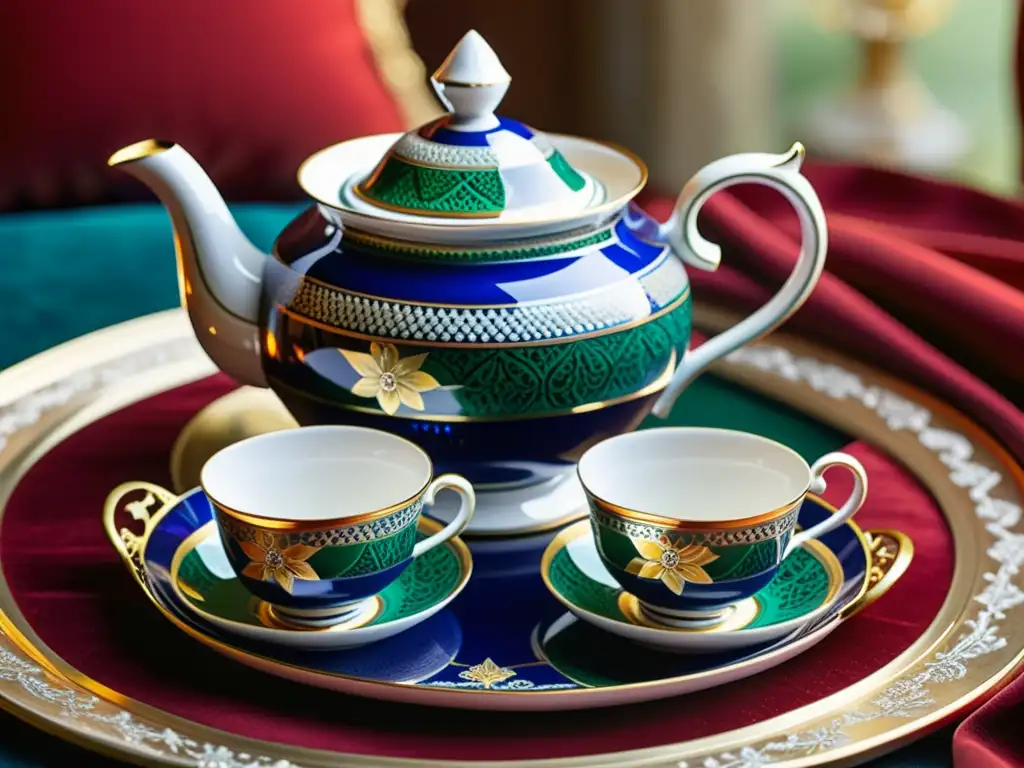 Un exquisito juego de té turco, con motivos florales y detalles dorados sobre porcelana