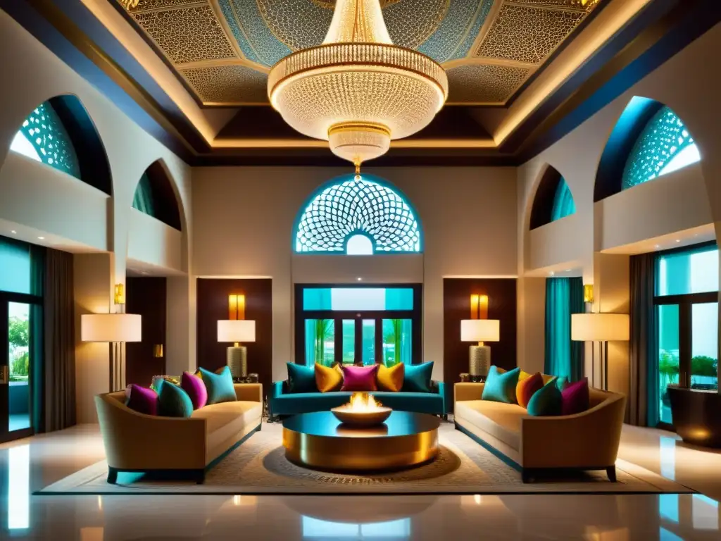 Exquisito lobby de hotel Halal con arquitectura islámica, iluminación suave y ambiente acogedor