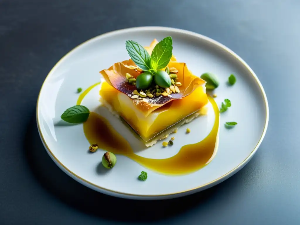 Exquisito postre halal con phyllo, pistachos y sirope de rosas, presentado en plato blanco