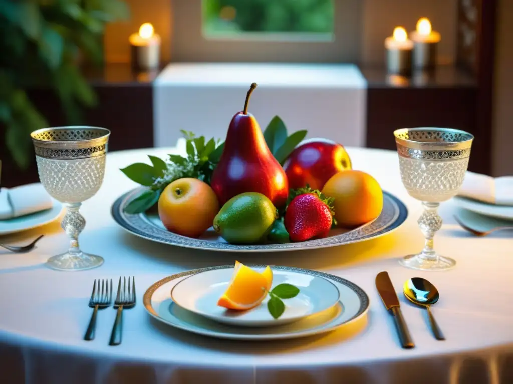 Un exquisito protocolo gastronómico en la mesa islámica, con elegante vajilla, cristalería y una hermosa decoración de frutas y flores