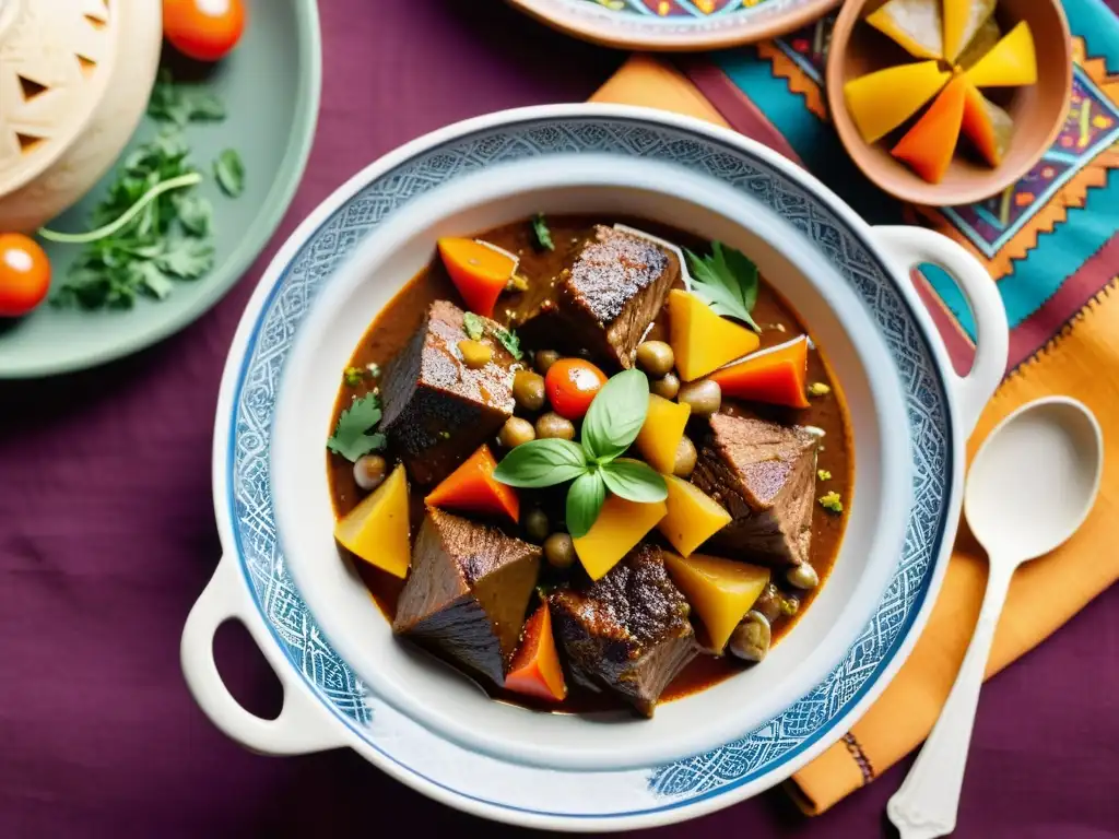 Un exquisito tagine marroquí con cordero, verduras vibrantes y hierbas frescas, cocinado en una rica salsa fragante