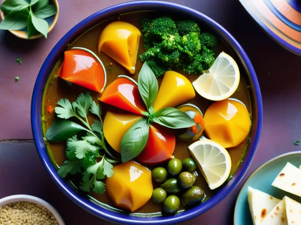 Un exquisito tagine vegetal marroquí, con vibrantes colores y aromas, perfectamente dispuestos