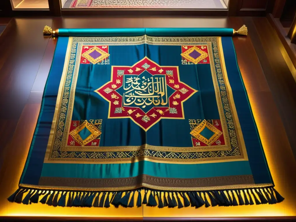 Textil de seda islámico: belleza y arte Un exquisito textil de seda con bordados dorados, colores vibrantes y motivos geométricos y florales, iluminado en una galería