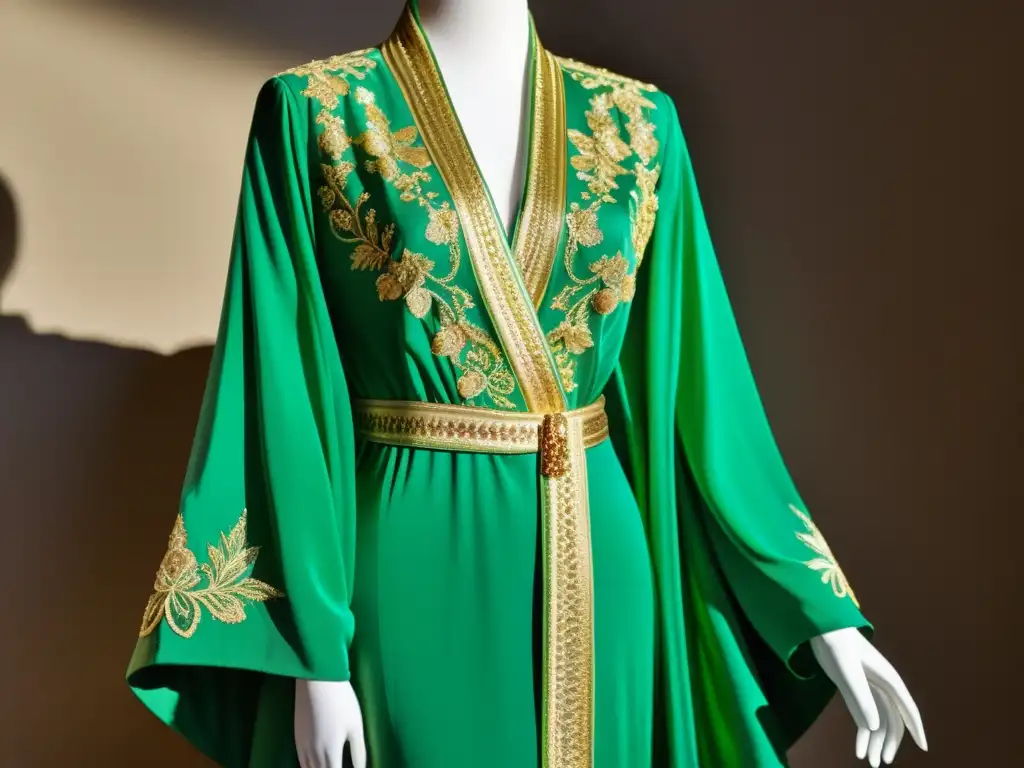 Un exquisito vestido verde musulmán, con bordados dorados y bordados delicados