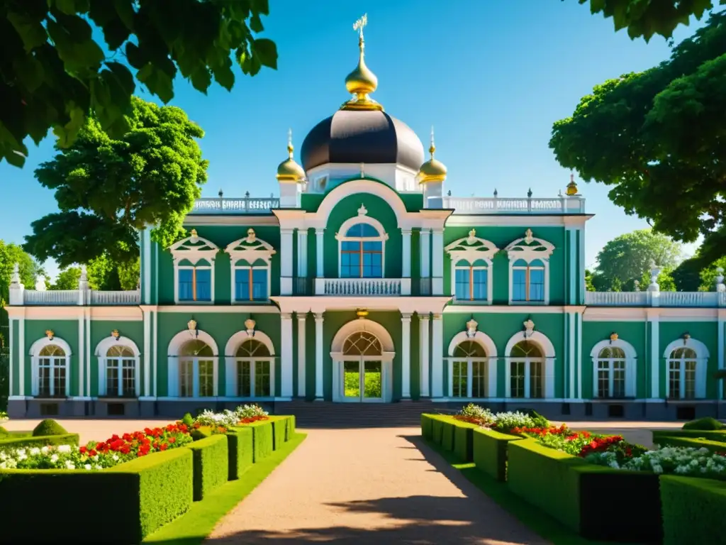 Exterior del Palacio Kadriorg, con influencia islámica en arquitectura báltica, detalles arquitectónicos ornamentados y exuberante vegetación