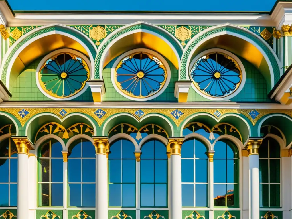 Exterior del Palacio Kadriorg con influencia islámica en arquitectura báltica, patrones geométricos y azulejos coloridos bajo la luz dorada del sol