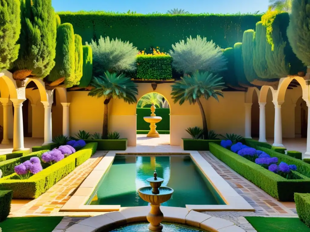 Un exuberante jardín andaluz con flores y fuentes de azulejos, rodeado de palmeras y peacocks