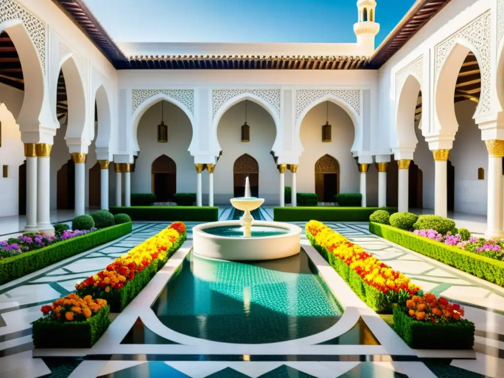 Un exuberante jardín en la arquitectura de una mezquita, con flores vibrantes y un patio majestuoso
