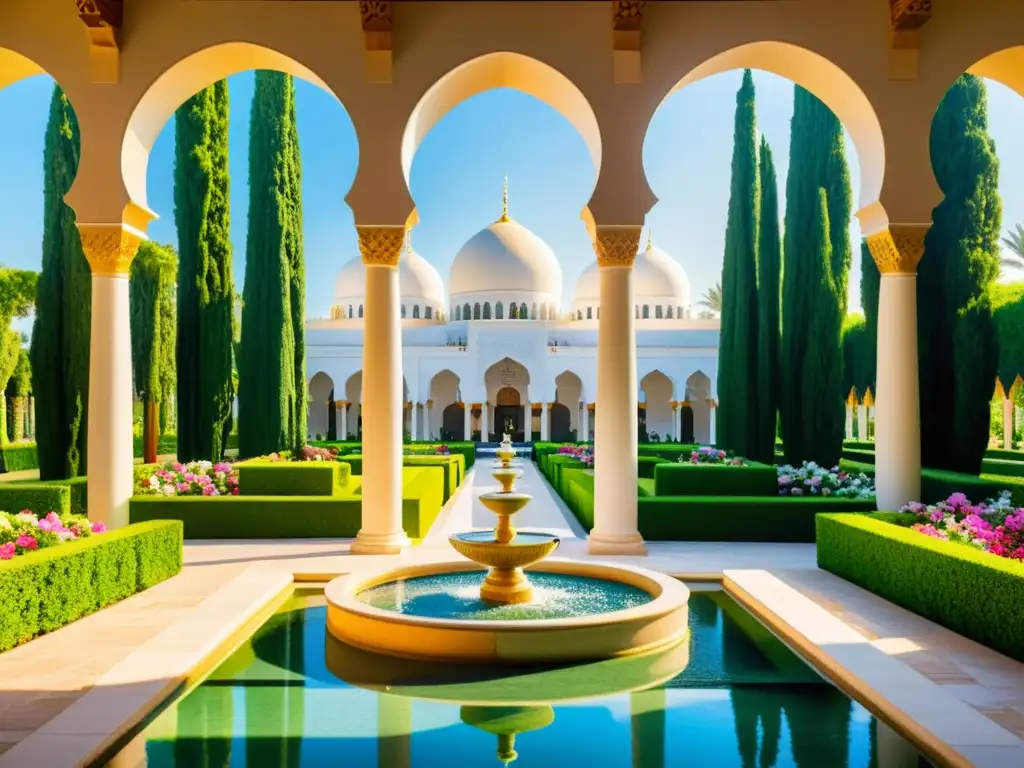 Un exuberante jardín en la arquitectura de una mezquita, con flores vibrantes y fuentes serenas bajo la cálida luz del sol