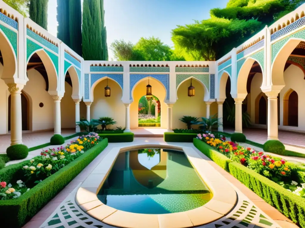 Un jardín Sufi exuberante y detallado, con flores vibrantes, senderos serpenteantes y agua tranquila