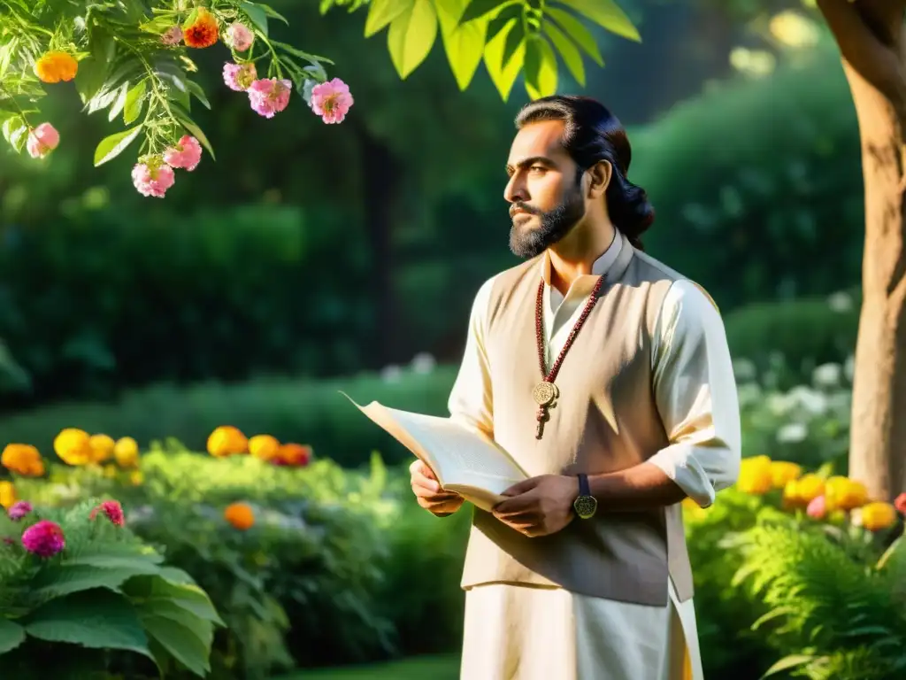 Ibn Tufail en un jardín exuberante, con expresión contemplativa, sosteniendo pluma y pergamino, rodeado de naturaleza vibrante