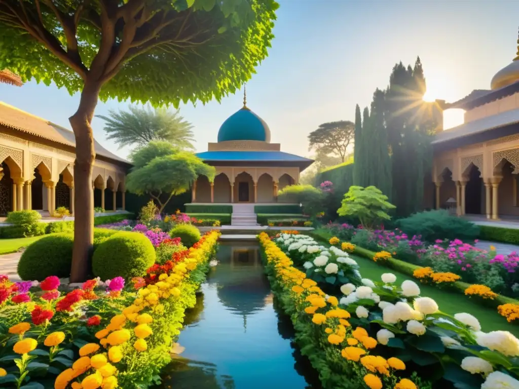 Jardín exuberante con flores coloridas, agua, arquitectura islámica y naturaleza en poesía islámica