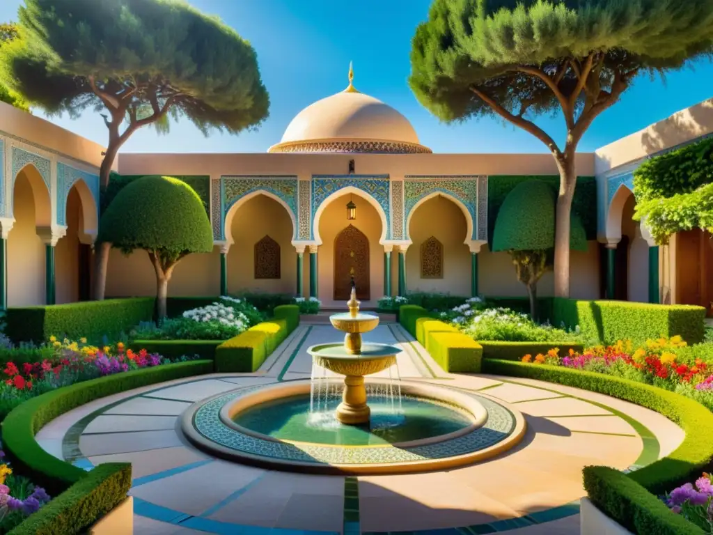 Jardín islámico de flores y patrones geométricos: belleza vibrante Un jardín exuberante con flores coloridas y patrones geométricos islámicos