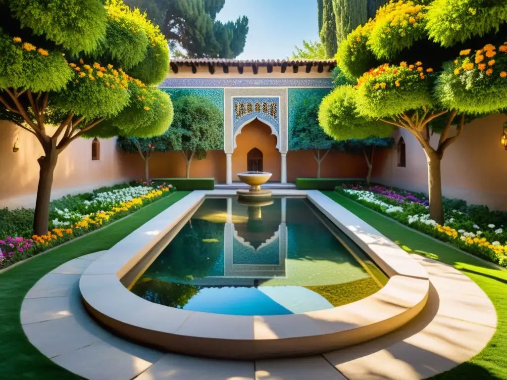 Un exuberante jardín Sufi con flores coloridas, senderos serpenteantes y un ambiente de paz