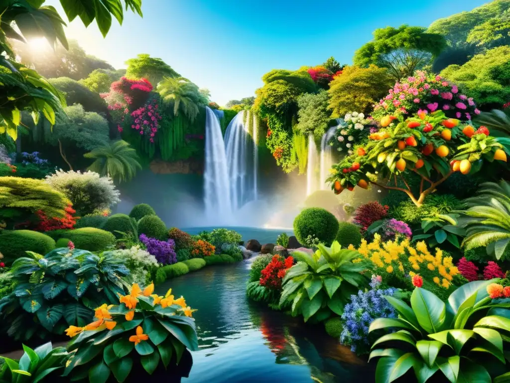 Un jardín exuberante con flores vibrantes y árboles frutales, rodeado por un río brillante y cascada