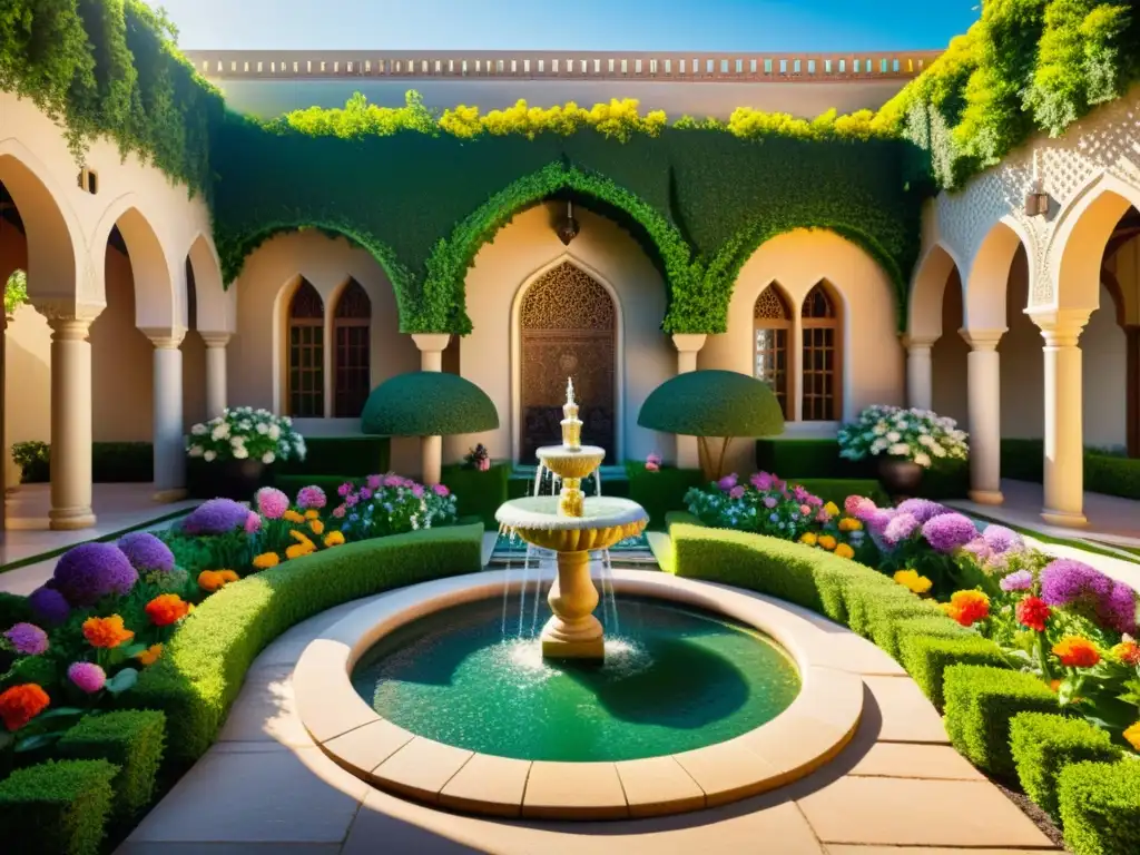 Jardín islámico: Flores, arquitectura y serenidad Un jardín exuberante con flores vibrantes y detalles arquitectónicos islámicos