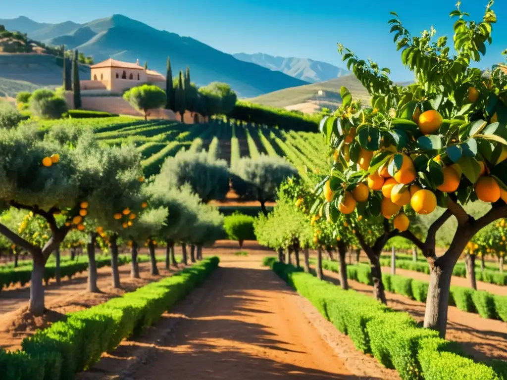 Un exuberante huerto andaluz con árboles de naranja, limón y almendro, preservando la herencia islámica por moriscos en Europa