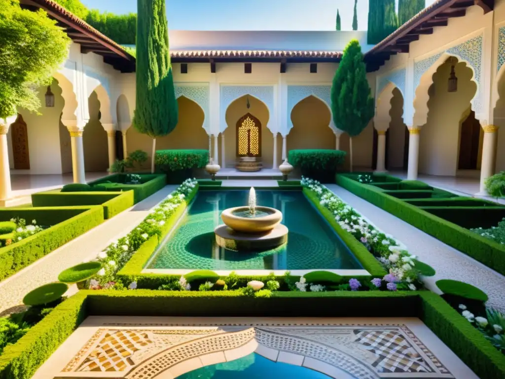 Un exuberante jardín islámico conserva la fragancia del alma, con flores vibrantes y senderos simétricos, evocando belleza y tranquilidad