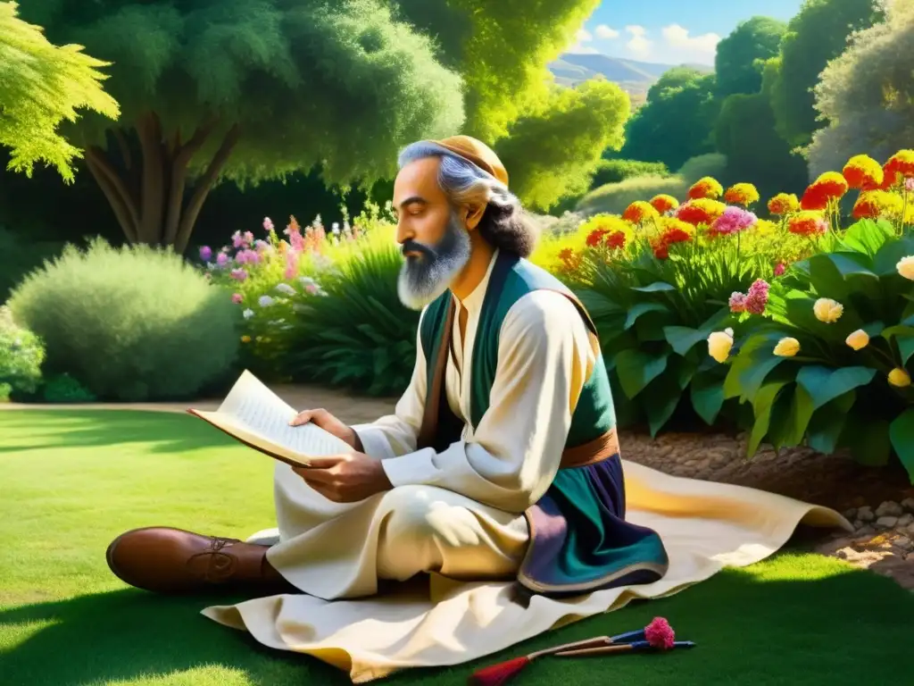 Omar Khayyam componiendo poesía en un exuberante jardín, inspirado por la filosofía de Rubaiyat