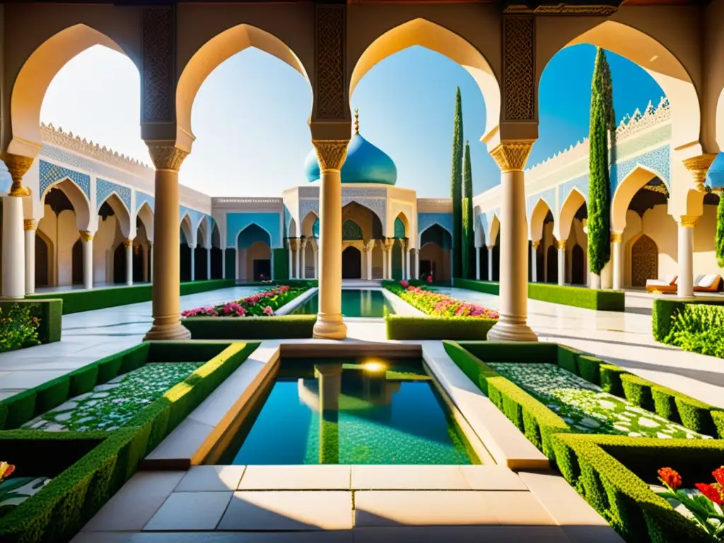 Un exuberante jardín islámico con arquitectura persa ornamental, reflejando interculturalismo en jardines islámicos