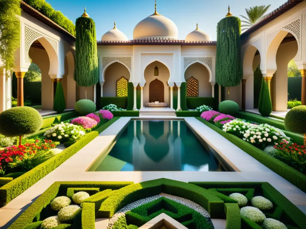 Un exuberante jardín islámico con flores vibrantes, senderos intrincados y elementos de agua