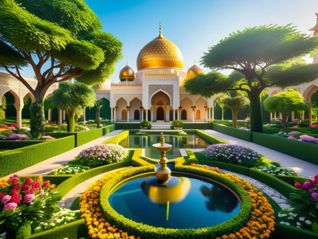 Jardín islámico sereno: flores, arquitectura y naturaleza Un exuberante jardín islámico, con flores vibrantes y arquitectura elegante, refleja los principios ambientalistas del mundo islámico
