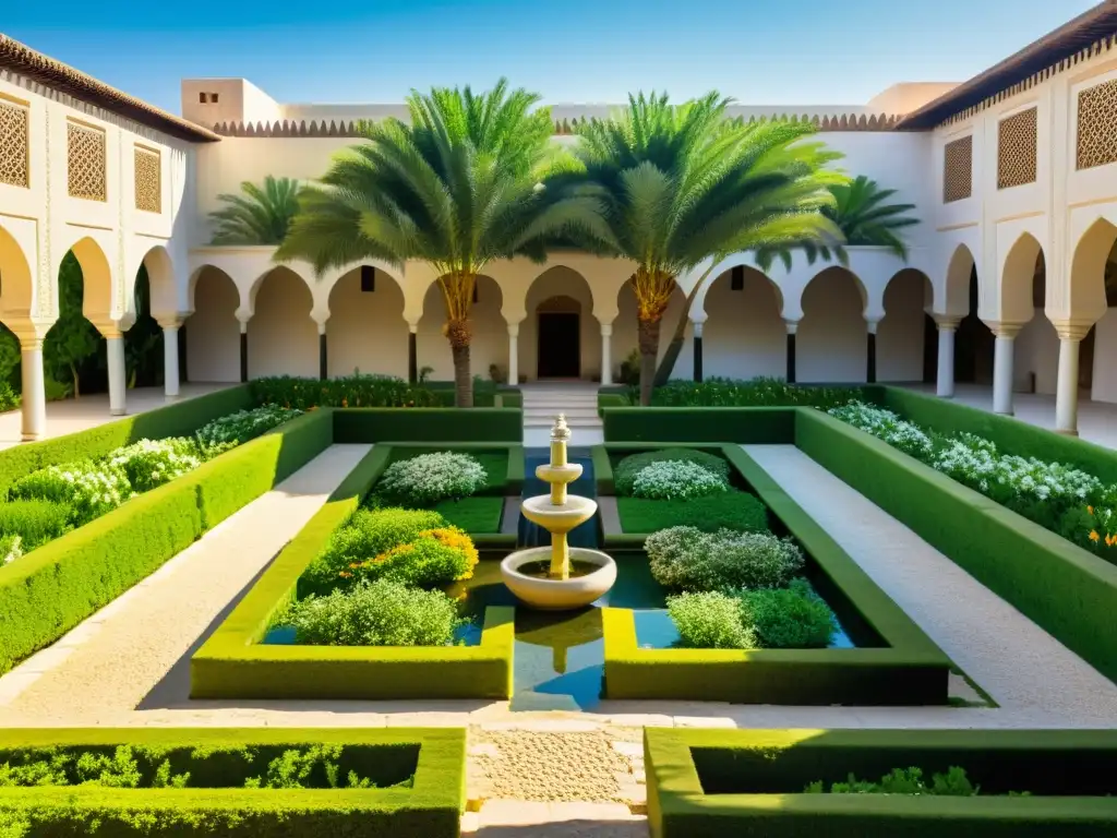 Un exuberante jardín islámico con técnicas de arte qanats, lleno de vegetación vibrante y palmeras, transmitiendo belleza y serenidad