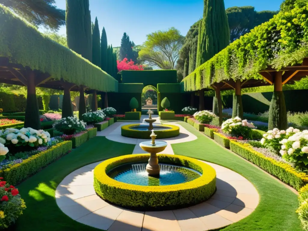 Un exuberante jardín con patrones geométricos persas, fuente de mosaicos y aves entre las flores