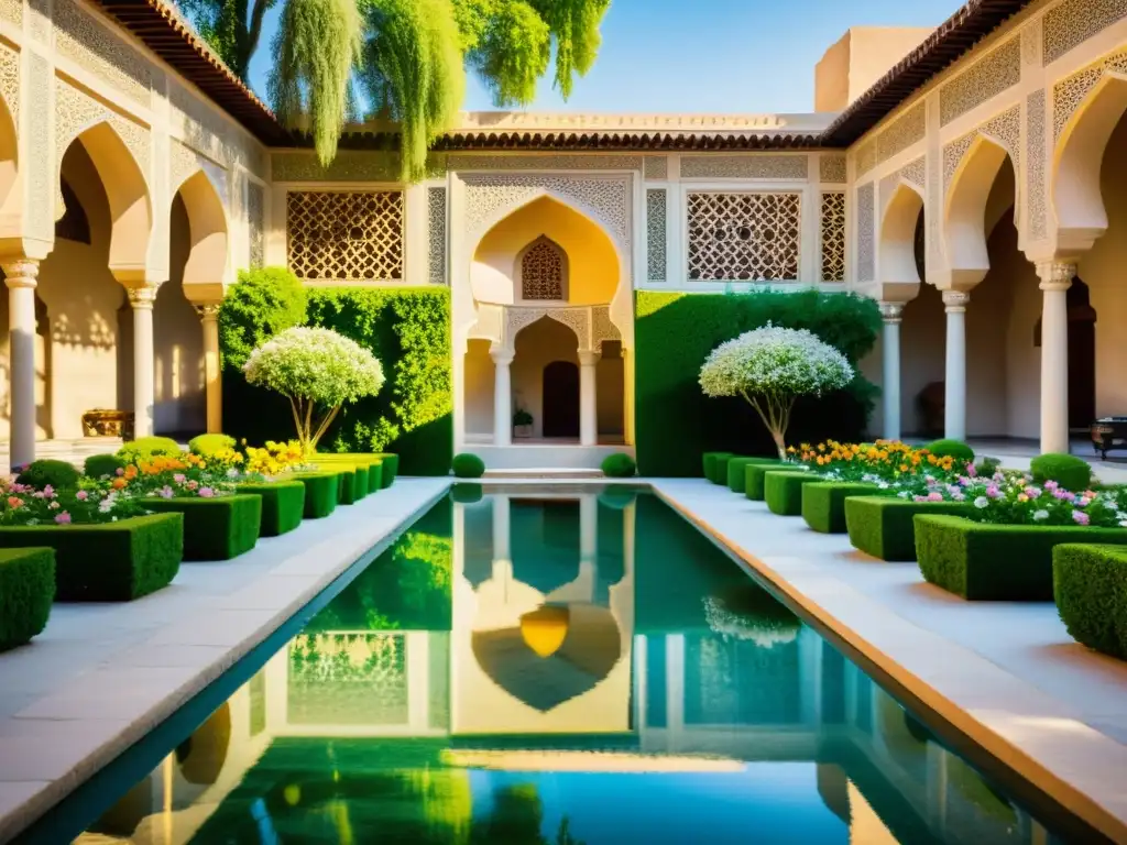 Un exuberante jardín persa en Fin Garden, Kashan, con ornamentación islámica y agua serena