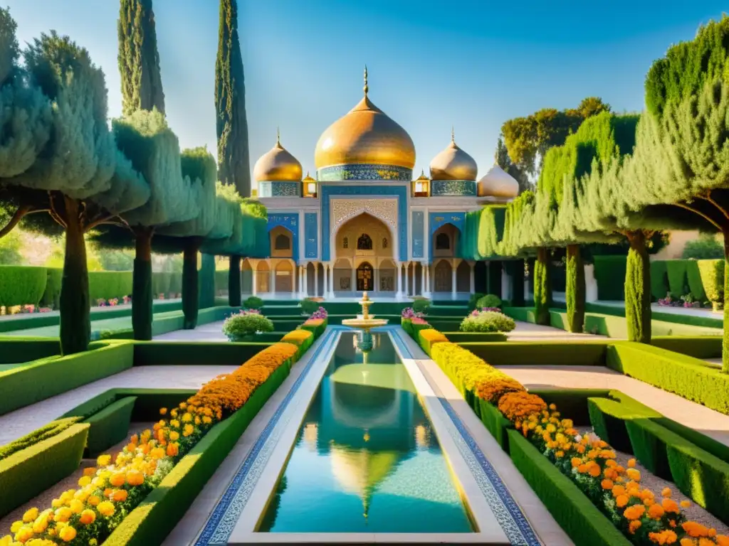 Un exuberante jardín persa con flores vibrantes, fuentes elegantes y un palacio majestuoso, crea una atmósfera serena y encantadora