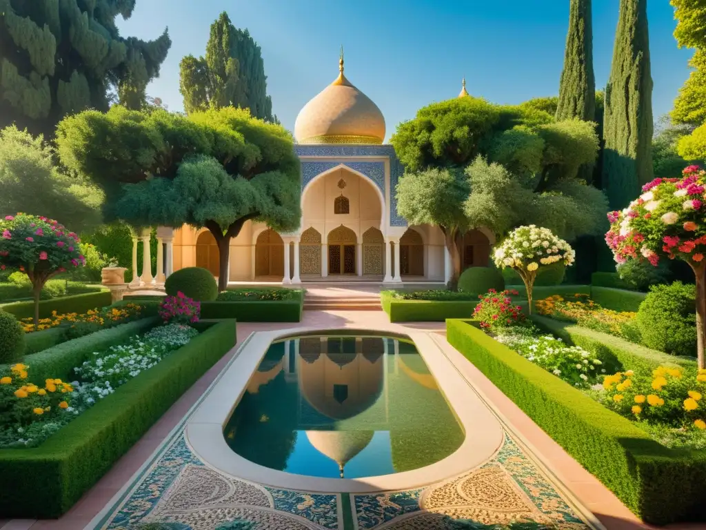 Un exuberante jardín persa con flores vibrantes, árboles arqueados y un tranquilo estanque