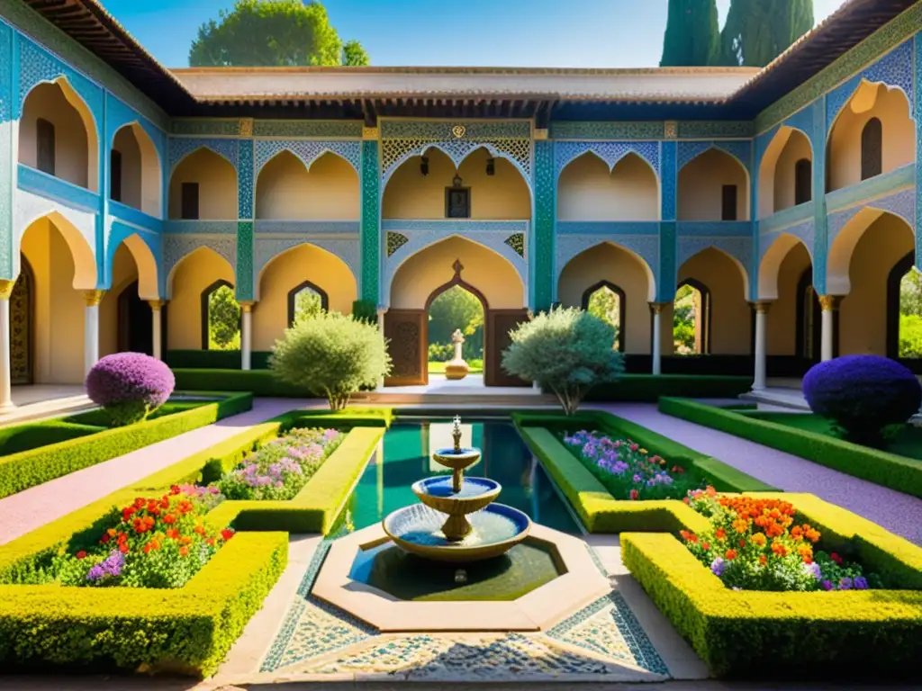 Un exuberante jardín persa con flores vibrantes, mosaicos intrincados y fuentes rodeadas de exuberante vegetación