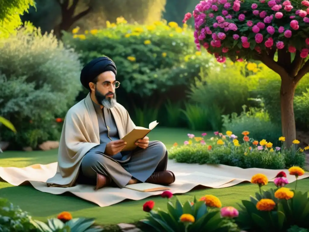 Ilustración fotorrealista de Saadi Shirazi en un exuberante jardín persa, rodeado de flores vibrantes y antiguos manuscritos