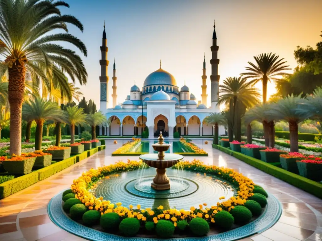 Jardín exuberante con plantas exóticas de la sabiduría ancestral islámica etnobotánica, senderos de azulejos y fuente ornamental