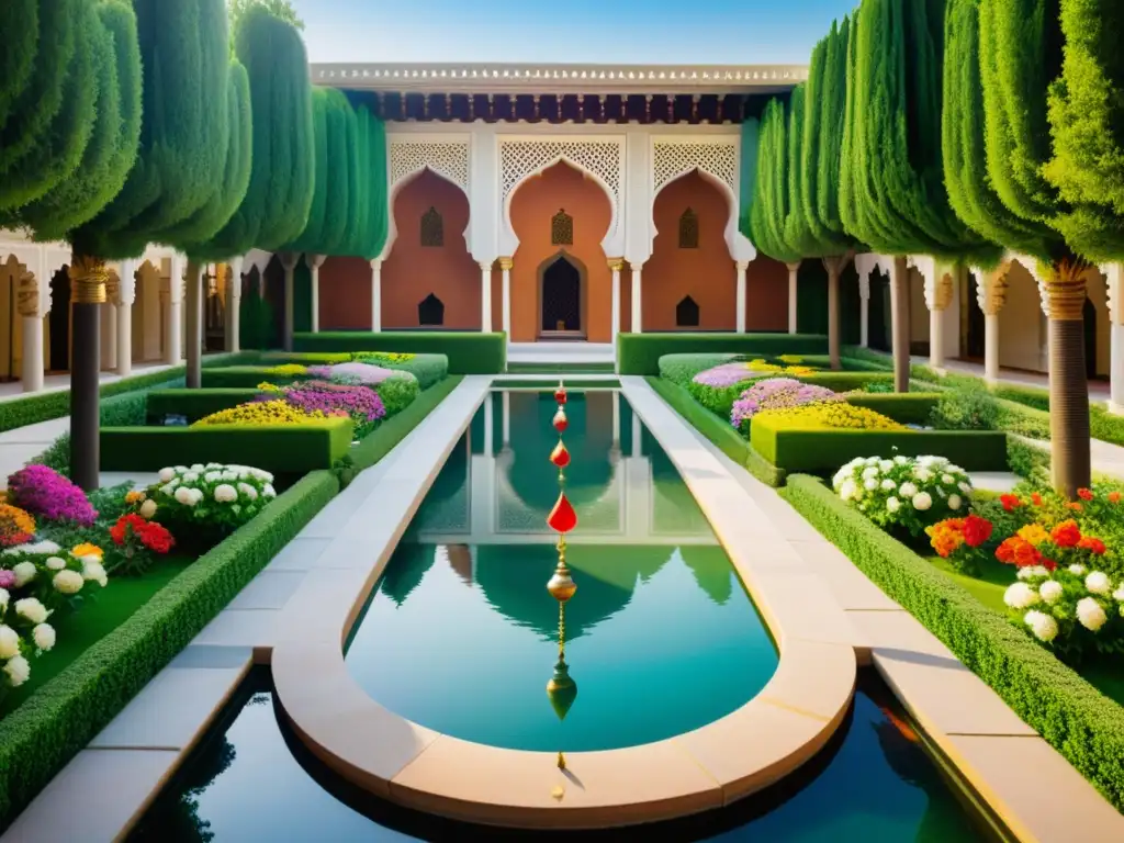 Un jardín Sufi exuberante y simbólico con flores vibrantes, caminos sinuosos y agua serena, rodeado de arquitectura ornamental