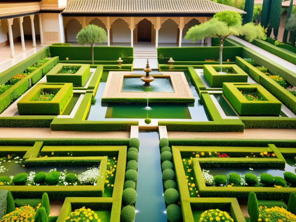 Exuberantes jardines de la Alhambra en Granada, fusionando influencias islámicas y europeas