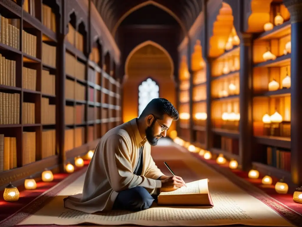 Fakhr alDin al Razi estudia antiguos manuscritos en una biblioteca islámica, iluminado por una lámpara, sumergido en el universo de conocimiento