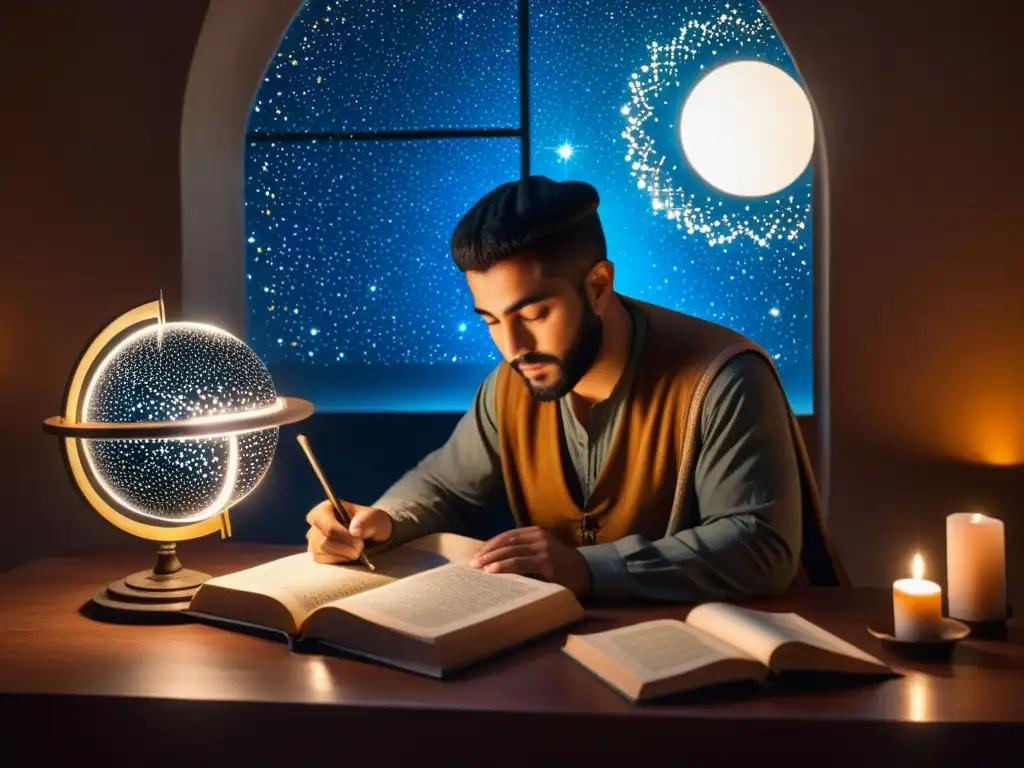 Fakhr al-Din al-Razi estudiando el cosmos en una habitación iluminada por velas, rodeado de intrincados instrumentos astronómicos