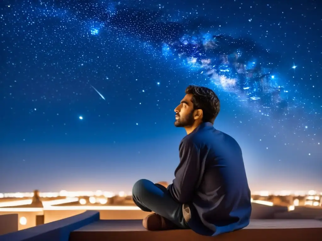 Fakhr alDin alRazi contempla el universo nocturno, rodeado de constelaciones y antiguos instrumentos astronómicos